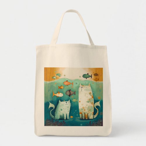 Two cats Watch Fish Floating _ Tote Bag