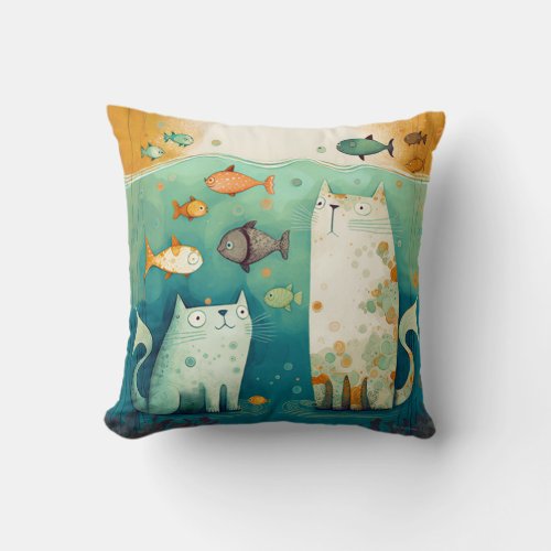 Two cats Watch Fish Floating _ Wrapped Canvas Throw Pillow