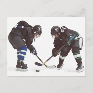 two caucasian hockey players wearing opposing postcard