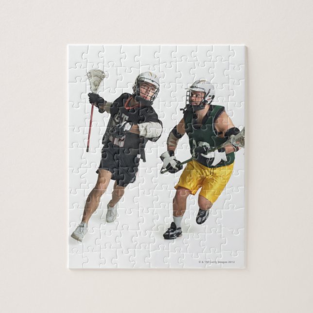 two caucasian male lacrosse players from jigsaw puzzle (Vertical)