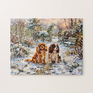 Two Cavalier Spaniels on Winter Path Jigsaw Puzzle