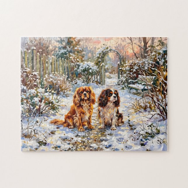 Two Cavalier Spaniels on Winter Path Jigsaw Puzzle (Horizontal)