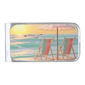 "Two Chairs By The Sea" Silver Finish Money Clip