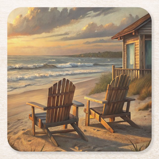 Two Chairs on a Beach Square Paper Coaster (Front)