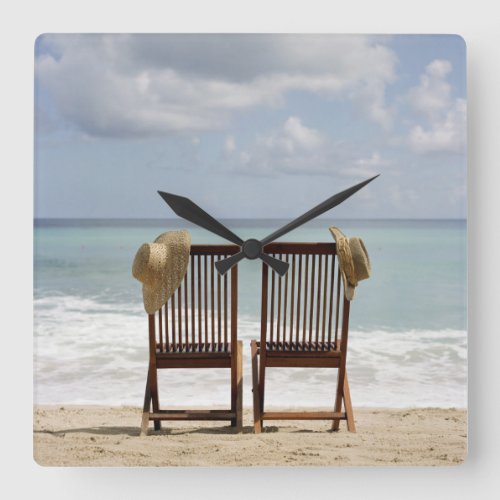 Two Chairs On Beach  Barbados Square Wall Clock
