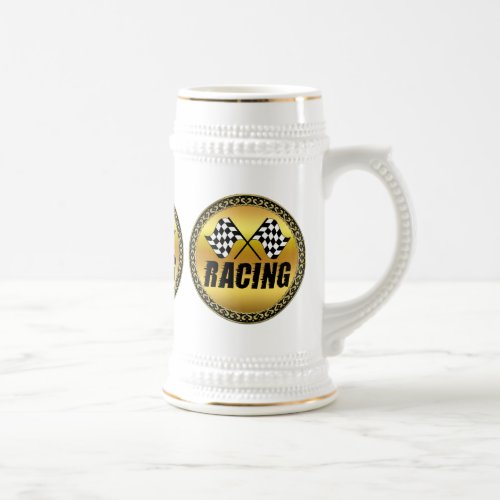 Two checkered racing flags for the competition win beer stein