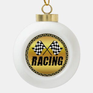 Two checkered racing flags for the competition win ceramic ball christmas ornament