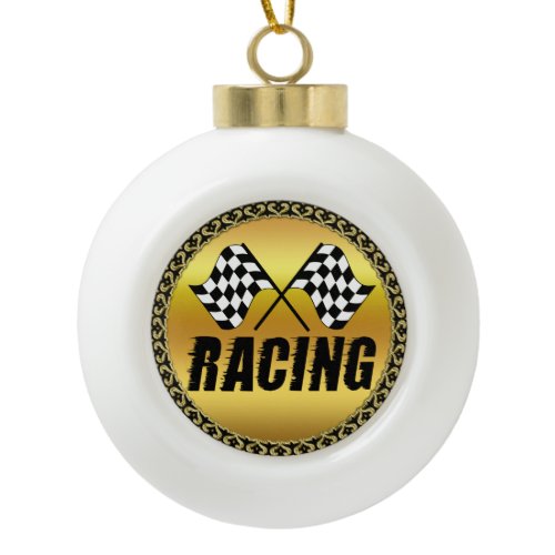 Two checkered racing flags for the competition win ceramic ball christmas ornament