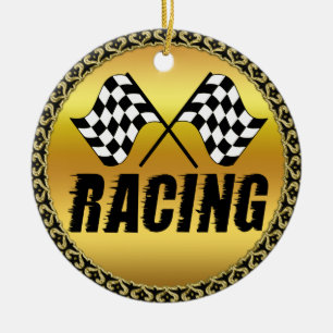 Two checkered racing flags for the competition win ceramic ornament