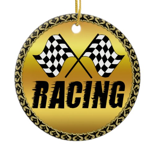 Two checkered racing flags for the competition win ceramic ornament