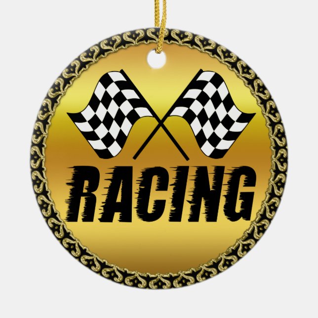 Two checkered racing flags for the competition win ceramic ornament (Front)