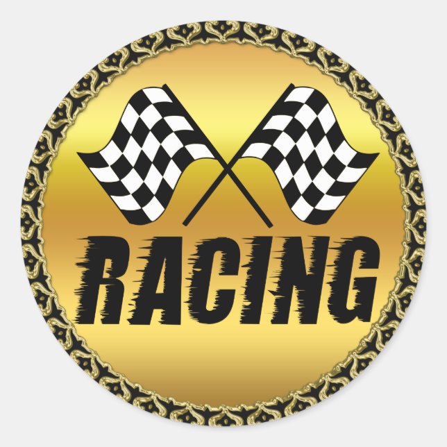 Two checkered racing flags for the competition win classic round sticker (Front)