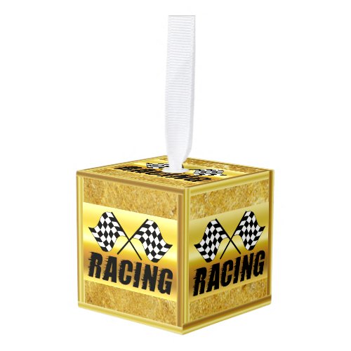 Two checkered racing flags for the competition win cube ornament