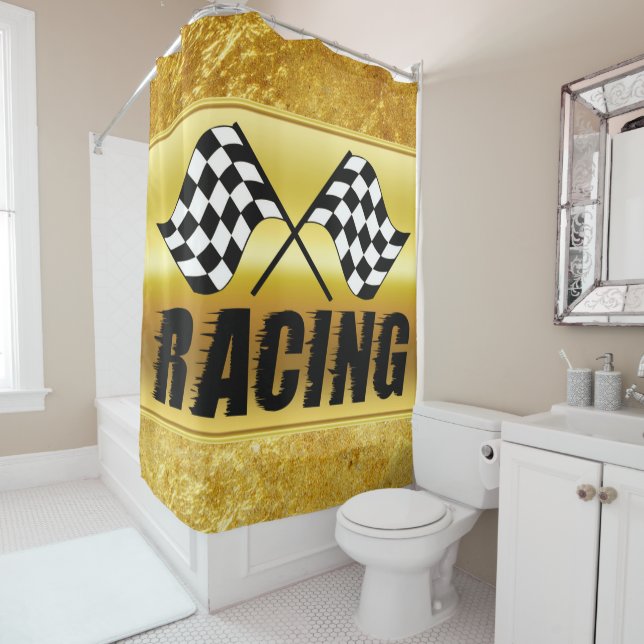 Two checkered racing flags for the competition win shower curtain (In Situ)