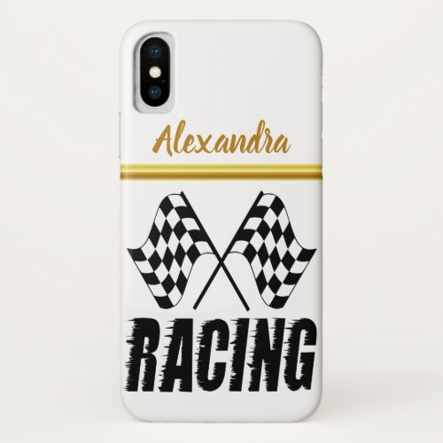 Two checkered racing flags with a gold foil Stripe iPhone XS Case