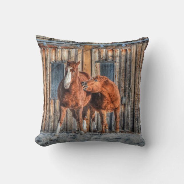 Two Cheeky Horses and a Barn Equine Photo Throw Pillow (Front)