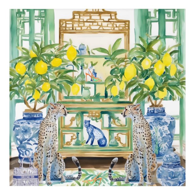 Two cheetahs in chinoiserie interior with ginger j acrylic print (Front)