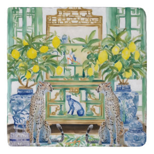 Two cheetahs in chinoiserie interior with ginger j trivet