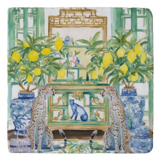 Two cheetahs in chinoiserie interior with ginger j trivet