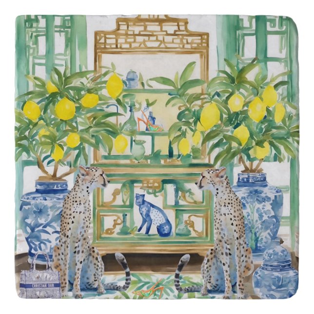 Two cheetahs in chinoiserie interior with ginger j trivet (Front)