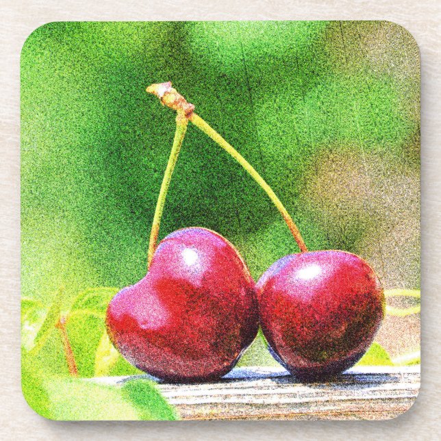 "Two Cherries Fruit" Cute Photo. Buy Now Beverage Coaster (Front)