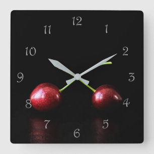 Two Cherries Grey Script Numbers wcm Square Wall Clock
