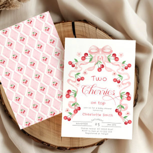 Two Cherries on top pink bow Twin girl Baby shower Invitation