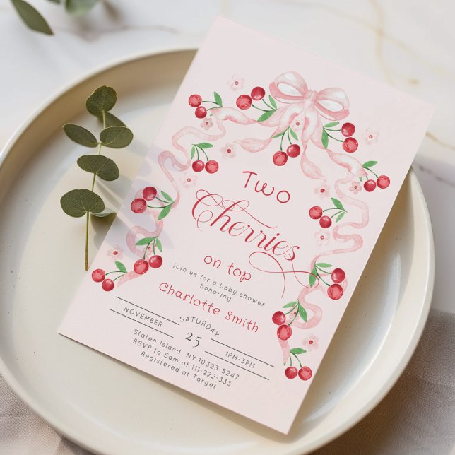Two Cherries on top pink bow Twins Baby shower Invitation (Creator Uploaded)