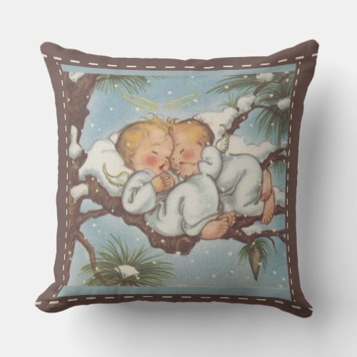 Two Cherub Angels sleeping in snow boughs TWINS Throw Pillow