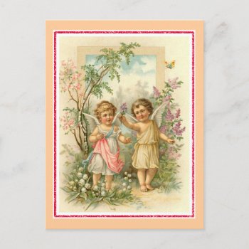 "two Cherubs In A Garden" Vintage Postcard by ChristmasVintage at Zazzle