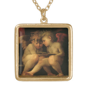 Two Cherubs Reading by Rosso Fiorentino, Angels Gold Plated Necklace