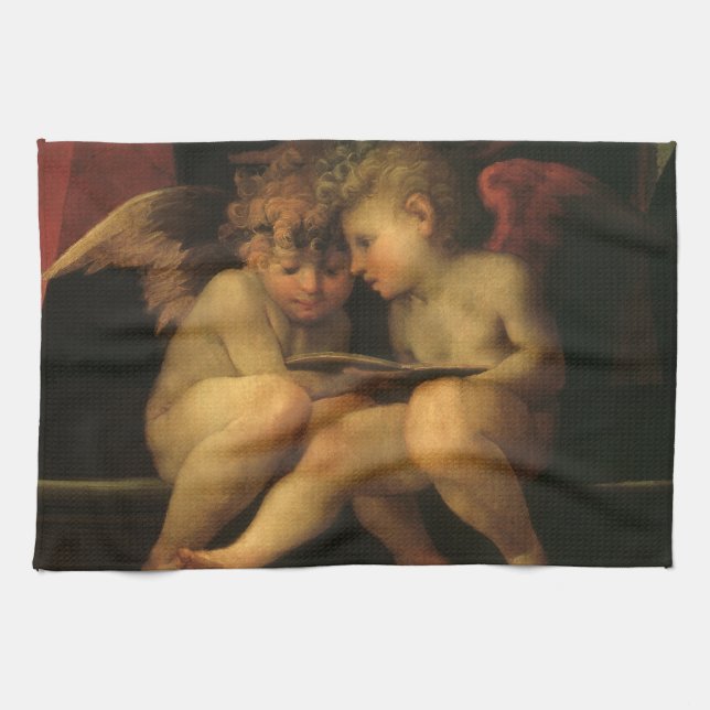 Two Cherubs Reading by Rosso Fiorentino, Angels Kitchen Towel (Horizontal)