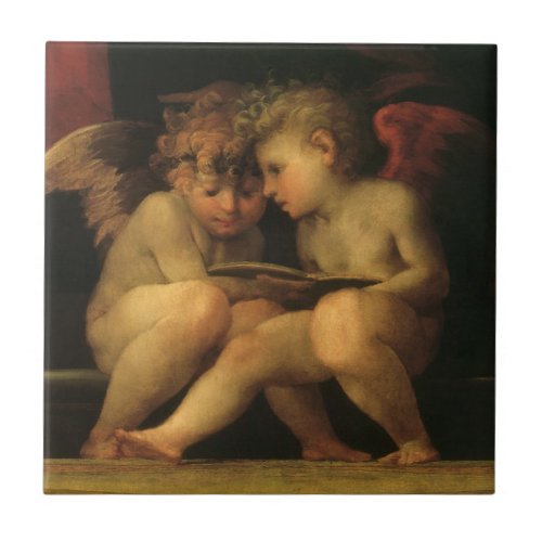Two Cherubs Reading by Rosso Fiorentino Angels Tile