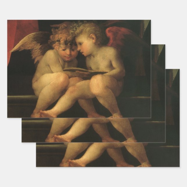 Two Cherubs Reading by Rosso Fiorentino, Angels Wrapping Paper Sheets (Set)