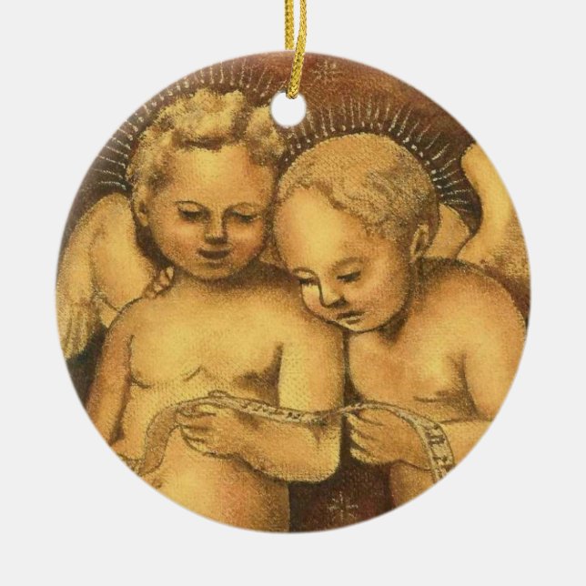 "Two Cherubs Singing" Christmas Ornament-Angels Ceramic Ornament (Front)