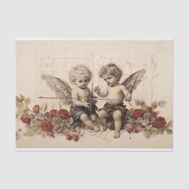 Two Cherubs sitting amongst Roses Tissue Paper (Front)