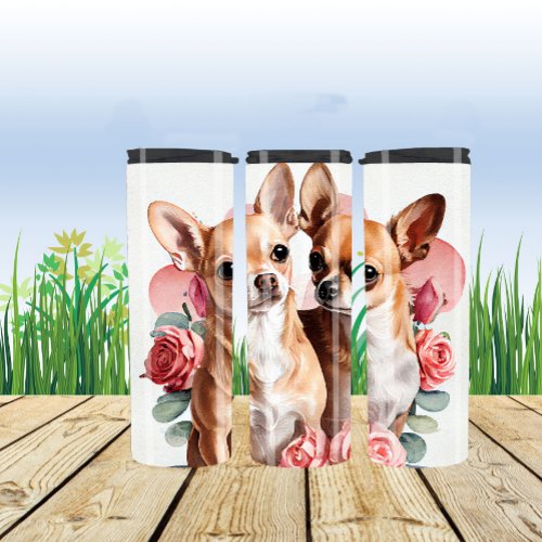 Two Chihuahuas With Flowers Love Heart Thermal Tumbler