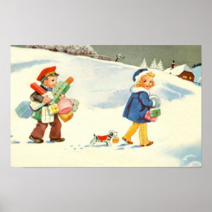 Two children and a dog in the snow poster