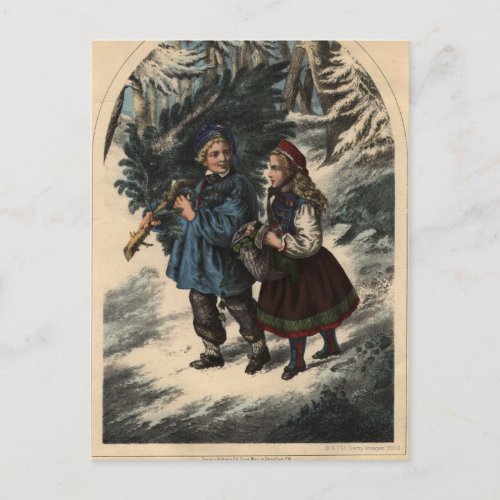 Two children collecting a Christmas tree and ivy Holiday Postcard