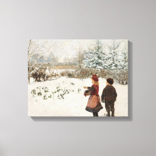 Two Children Feeding Birds in the Snow Canvas Print (Front)