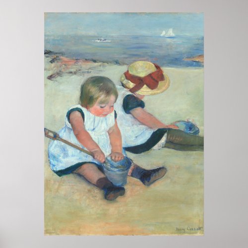 Two Children Playing On Beach Vintage Oil Painting Poster