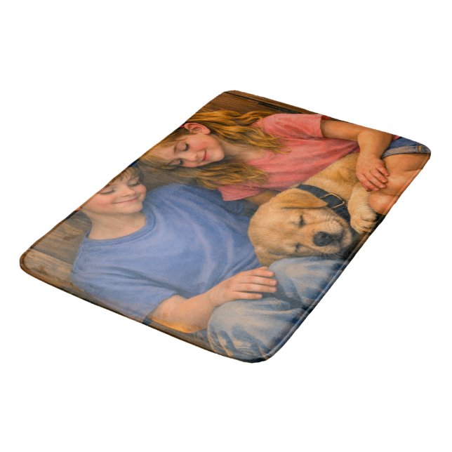 Two Children with Sleeping Puppy –  Bath Mat (Angled)