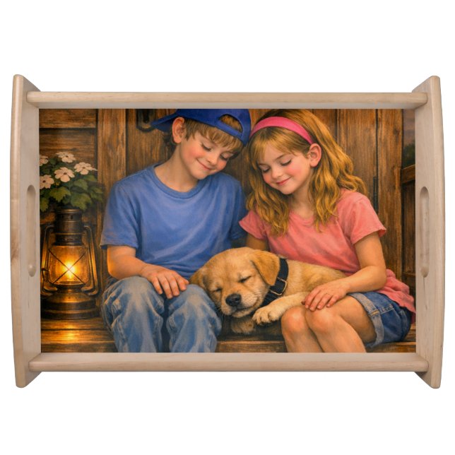 Two Children with Sleeping Puppy Serving Tray (Front)