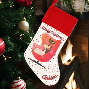 Two Christmas Cats Red Chair Red Dots White Stocking