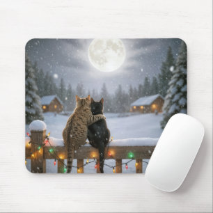 Two Christmas Cats Snuggling on a Snowy Fence Mouse Pad