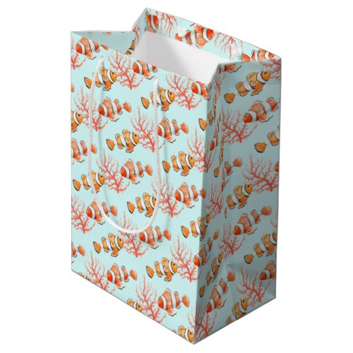 Two clownfish or anemonefish with coral watercolor medium gift bag