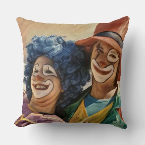 two clowns having fun in watercolor throw pillow