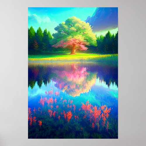 Two_Colored Tree by the Lake in Sunlight Poster