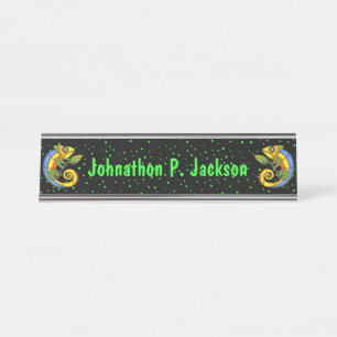 Two Colorful Abstract Lizards on Twigs Green Dots Desk Name Plate