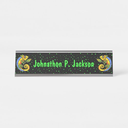 Two Colorful Abstract Lizards on Twigs Green Dots Desk Name Plate